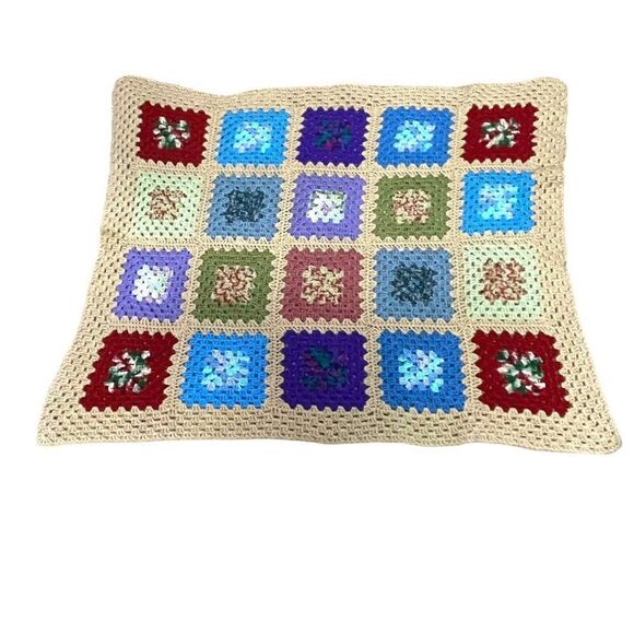 Lap Blanket Afghan Handmade Crotched Ivory Granny Squares Sofa Throw Vintage - Picture 1 of 6
